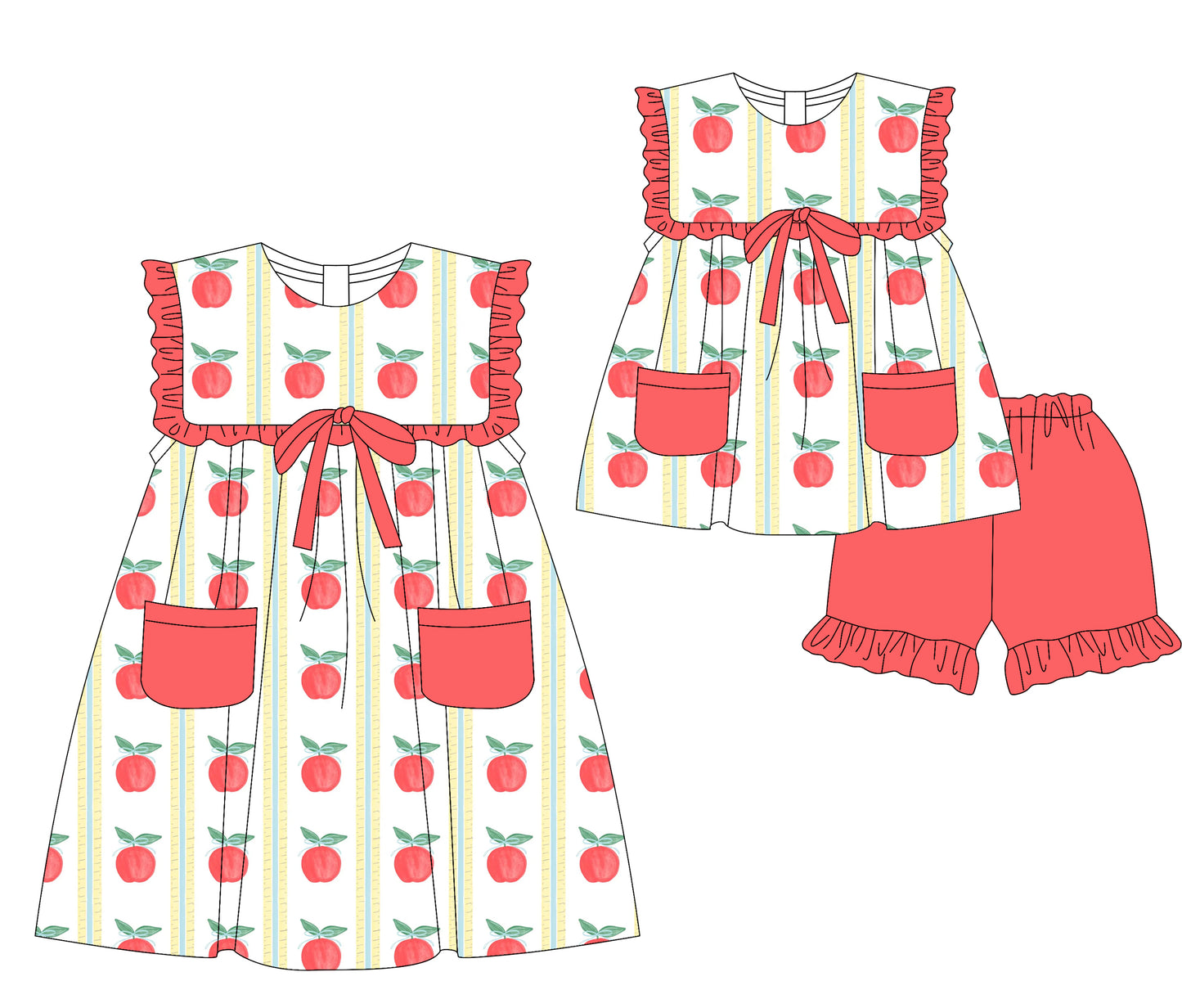 3.5 custom each style moq 5eta 4-6week Sibling Sister apple baby girl short sleeve shorts sets and dresses match design