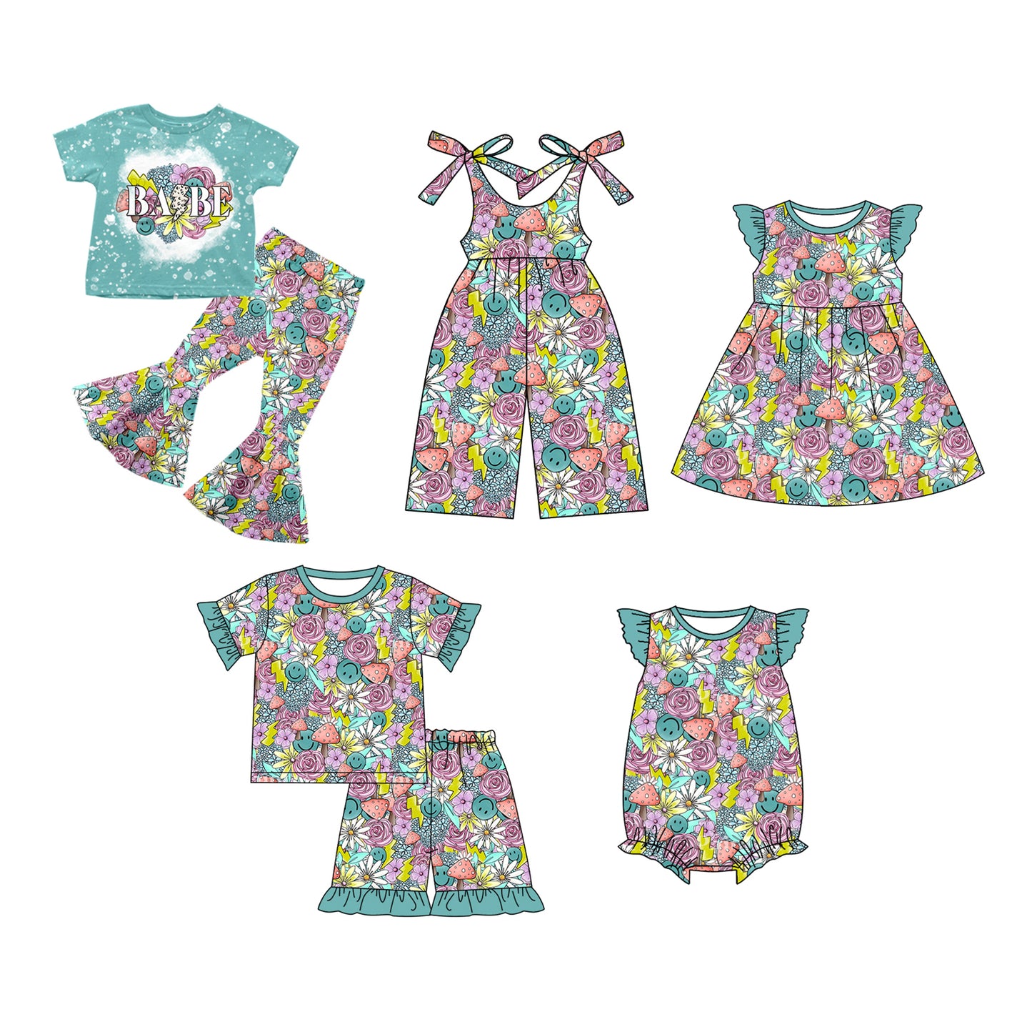 12.20 custom each style moq 5eta 4-6week Sibling Sister smiley baby girl short sleeve pants sets and shorts sets and rompers and dress and jumpsuit match family design