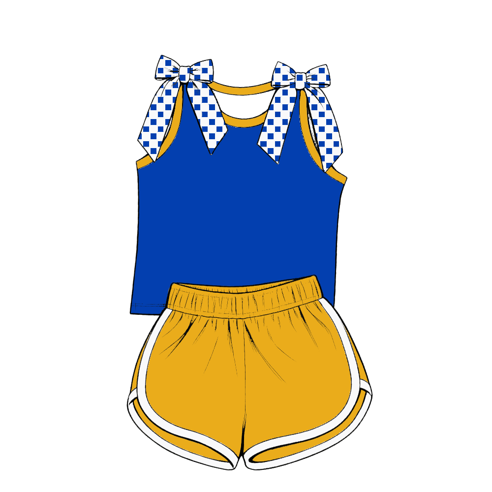 custom moq 5 mix size Baby Girls Bow Sleeveless Blue Top Shorts Summer Casual Clothes Set