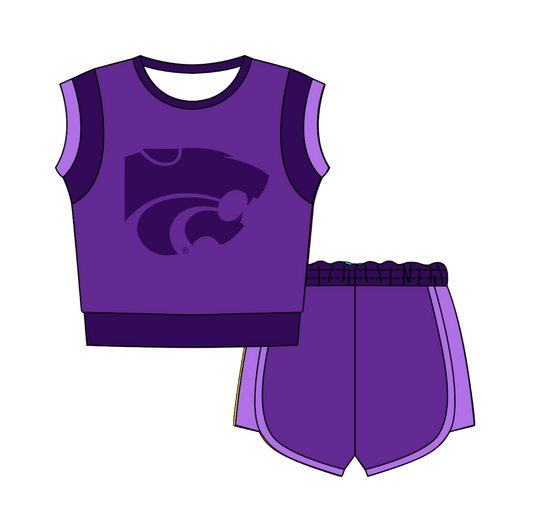 Custom moq 5 mix size milk silk summer teams Purple Sleeveless O-Neck Top And Shorts Set Cute And Comfortable Kids' Outfit