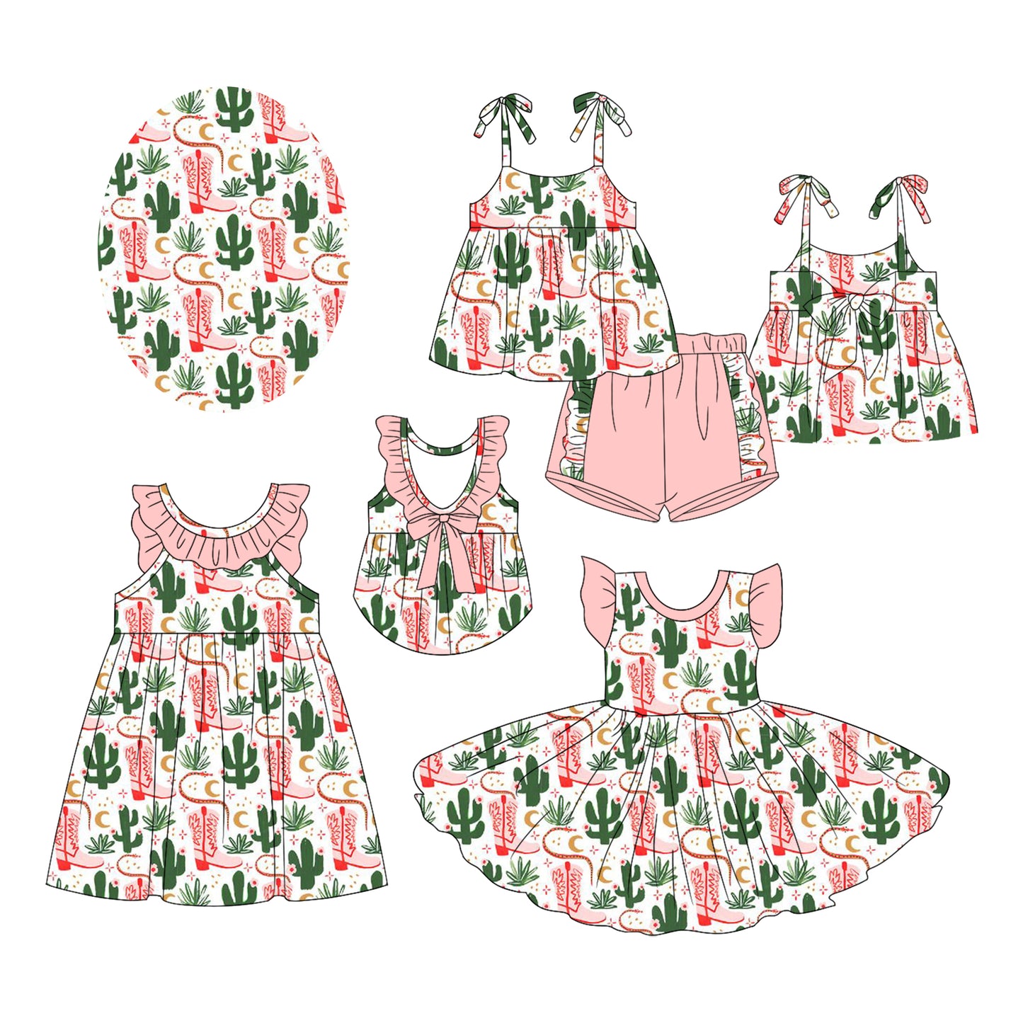 2.17 custom each style moq 5eta 4-6week Sibling Sister boots catcus baby girl short sleeve shorts sets and dress and dress 2 match design