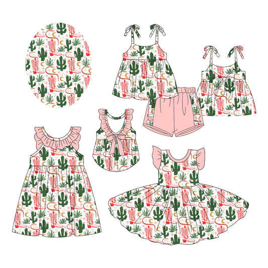 2.17 custom each style moq 5eta 4-6week Sibling Sister boots catcus baby girl short sleeve shorts sets and dress and dress 2 match design