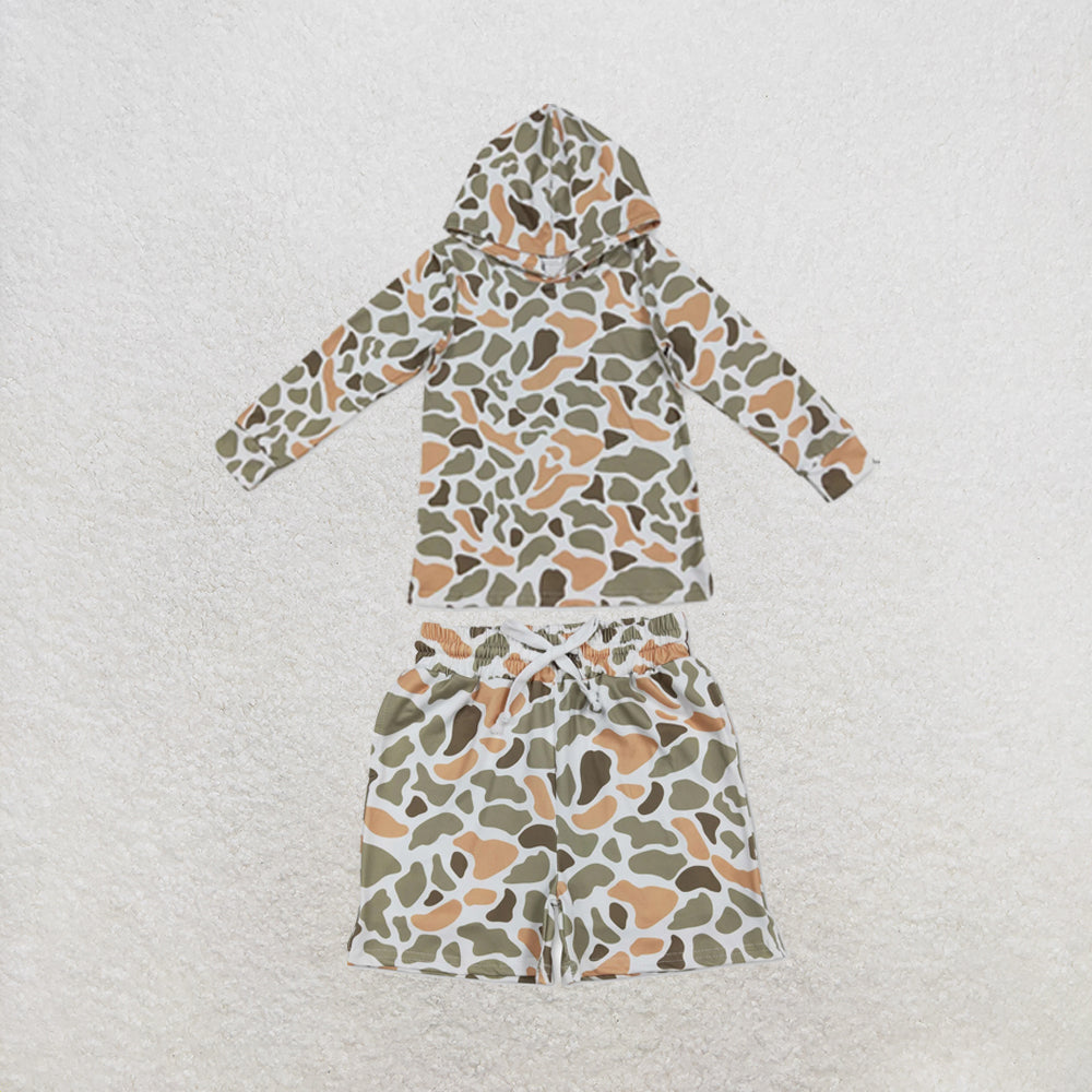 RTS NO MOQ Sibling milk silk Baby Boys Green Khaki Camo Hoodies Hooded Tops Pocket Short Clothes Set