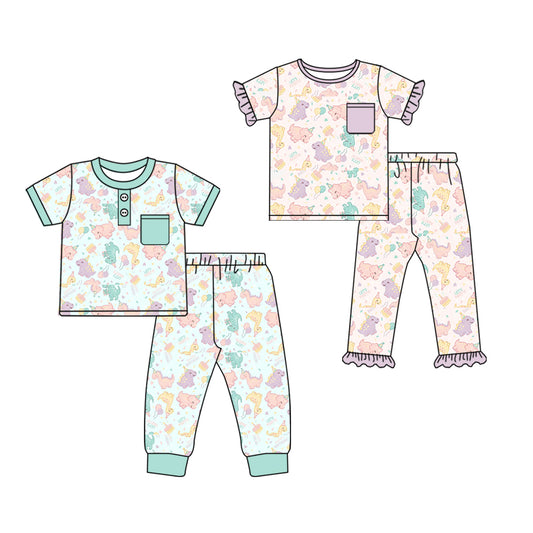 25.10.13 custom each style moq 5 eta 6-8week Sibling Sisters dinosaur baby boy short sleeve pants sets 2 match family design