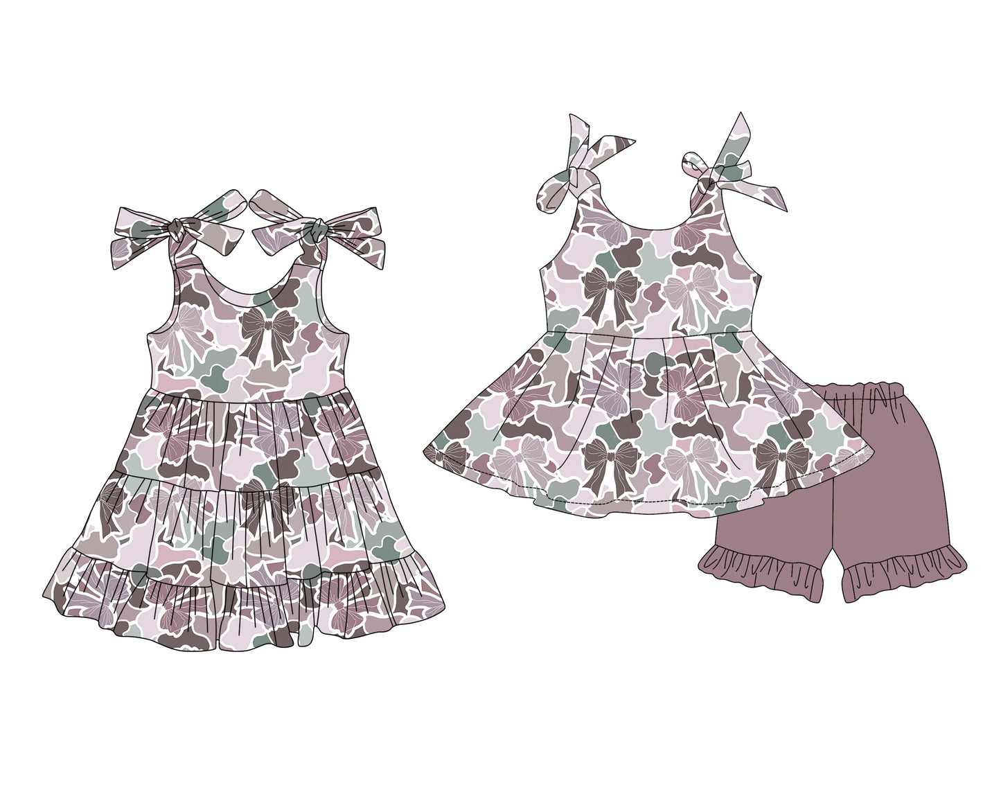 4.10 custom each style moq 5eta 4-6week Sibling Sister camouflage baby girl short sleeve shorts sets and dresses match design