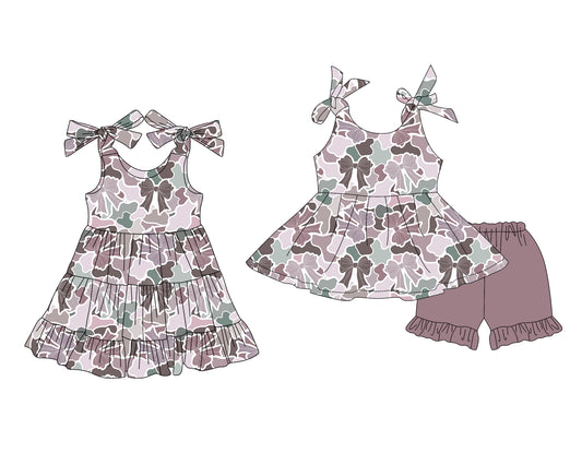 4.10 custom each style moq 5eta 4-6week Sibling Sister camouflage baby girl short sleeve shorts sets and dresses match design