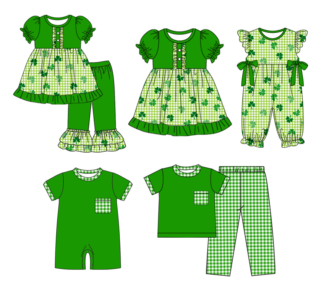 11.2 custom each style moq 5eta 4-6week Sibling Sister green baby girl sets 1 and sets 2 and dress and boy rompers and girl romper match family design