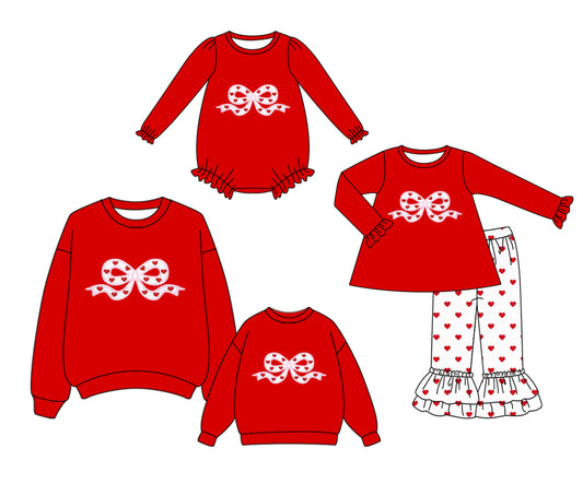 25.9.16 custom each style moq 5eta 4-8week Sibling Sister bow red baby long sleeve pants sets and romper and top and adult top match design