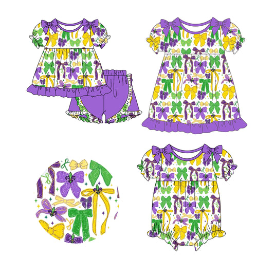 25.10.20 custom each style moq 5 eta 6-8week Sibling Sister mardi gas bow baby short sleeve shorts sets and romper and dress match design