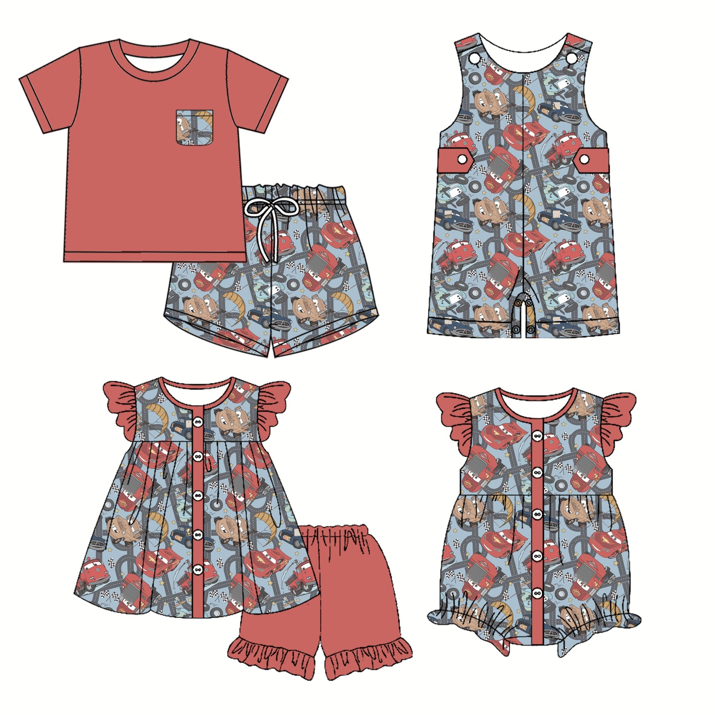 3.1 custom each style moq 5eta 4-6week Sibling Sister cars baby girl short sleeve shorts sets and sets 2 and boy romper and girl romper match design