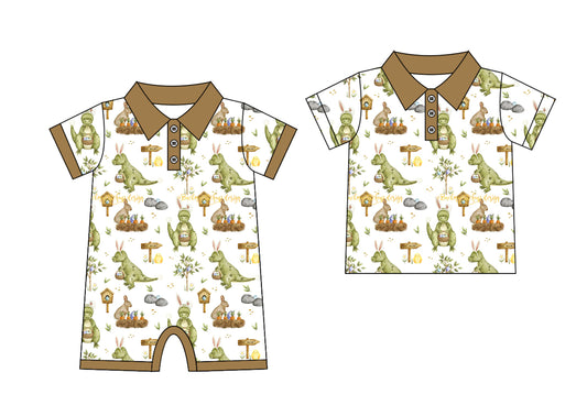 25.9.26 custom each style moq 8 eta 6-8week Sibling Sisters easter dinosaur baby boy short sleeve top and rompers match family design