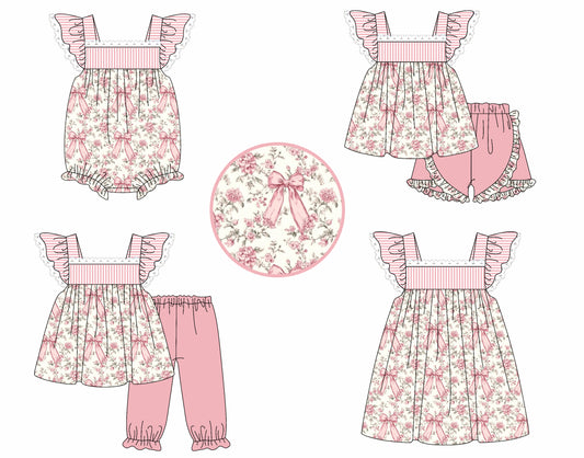 4.4 custom each style moq 5eta 4-6week Sibling Sisters bow floral baby girl short sleeve pants sets and shorts sets and dress and rompers match family design
