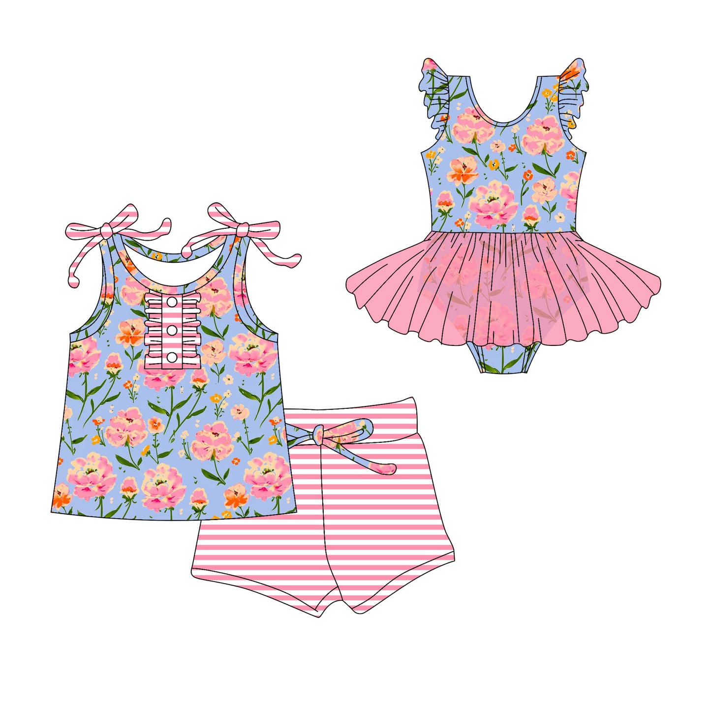 3.10 custom each style moq 5eta 4-6week Sibling Sister floral baby girl short sleeve shorts sets and romper match design