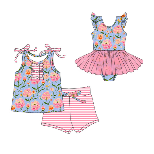 3.10 custom each style moq 5eta 4-6week Sibling Sister floral baby girl short sleeve shorts sets and romper match design