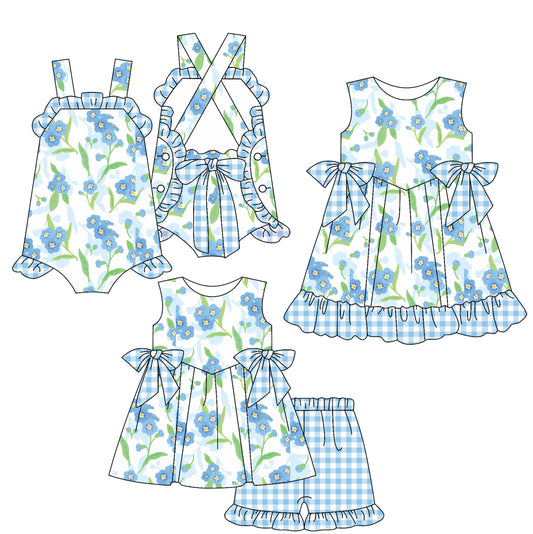 2.15 custom each style moq 5eta 4-6week Sibling Sisters floral baby girl short sleeve shorts sets and dress and rompers match family design