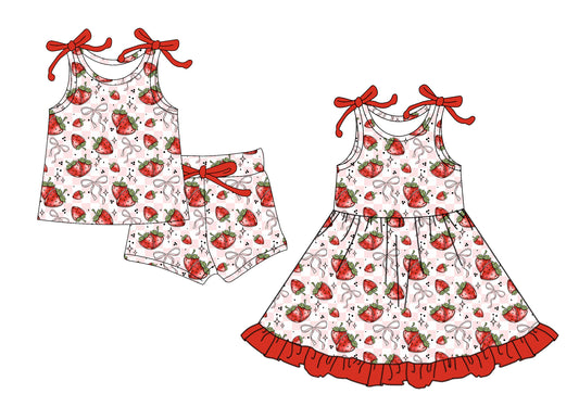 4.7 custom each style moq 5eta 4-6week Sibling Sister strawberry bow baby girl short sleeve shorts sets and dresses match design