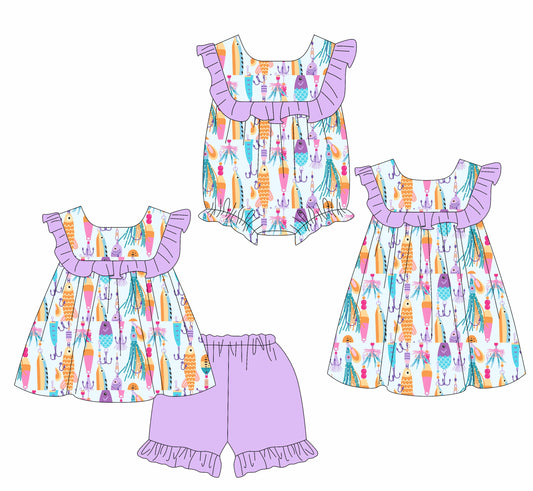 3.21 custom each style moq 5eta 4-6week Sibling Sisters baby girl short sleeve shorts sets and dress and rompers match family design