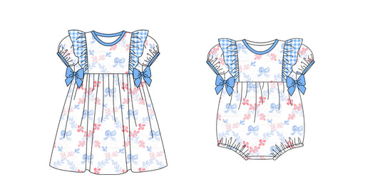 11.23 custom each style moq 5eta 4-6week Sibling Sister bow floral baby girl short sleeve shorts dress and rompers match family design