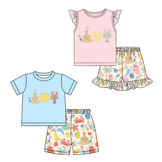 4.1 custom each style moq 5eta 4-6week Sibling Sister castle lobster baby girls short sleeve set and set 2 match design