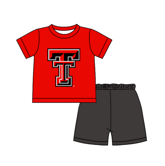 Custom moq 5 mix size milk silk summer teams Baby Boy's Red Short-Sleeved O-Neck Top And solid color Shorts Set