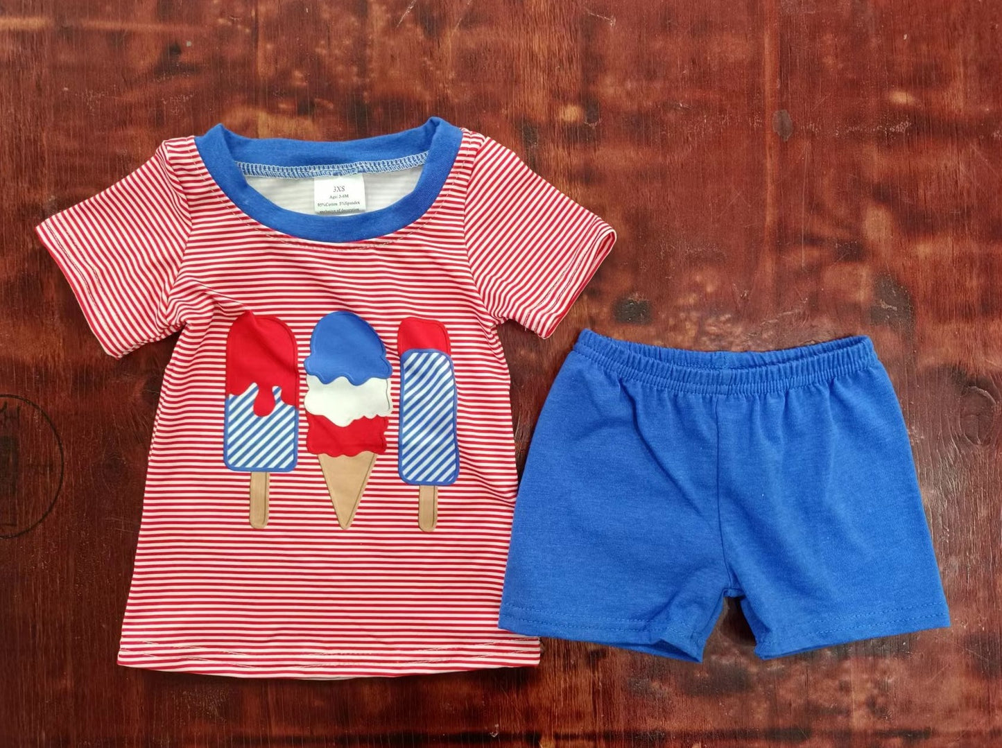 custom moq 5 eta 5weeks mix size Summer boys clothes red striped short sleeve blue shorts sut