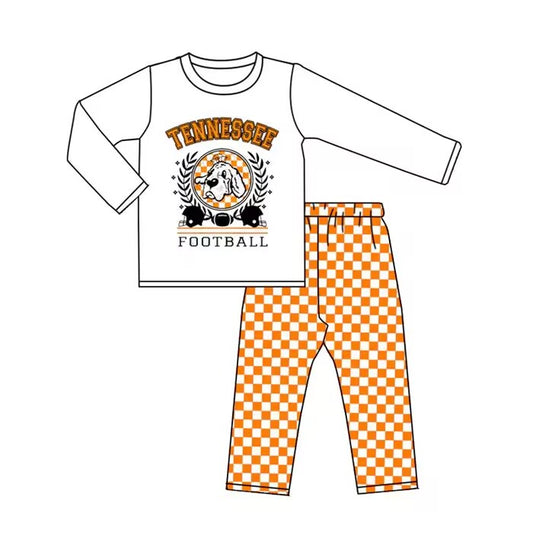 Custom moq 5 mix size milk silk summer teams baby girl boy clothes orange plaid long sleeve pants sets 2-25.8.29