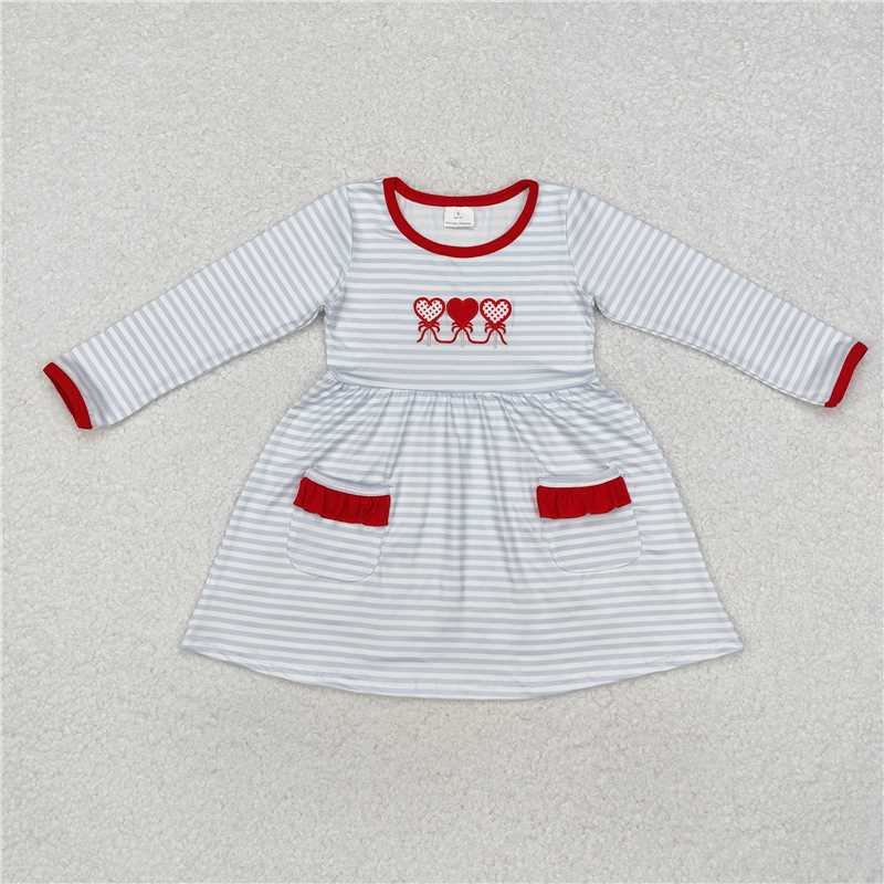 RTS NO MOQ（In Stock) GLD0884 Embroidered puppy heart bow striped long-sleeved dress