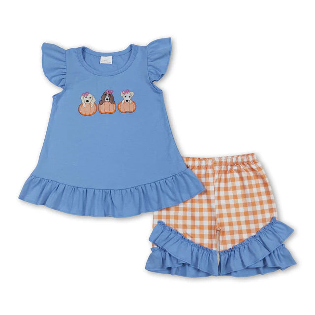 RTS NO MOQ Sibling Baby Girls Embroidery Pumpkins Dogs Shorts Clothes Sets Rompers