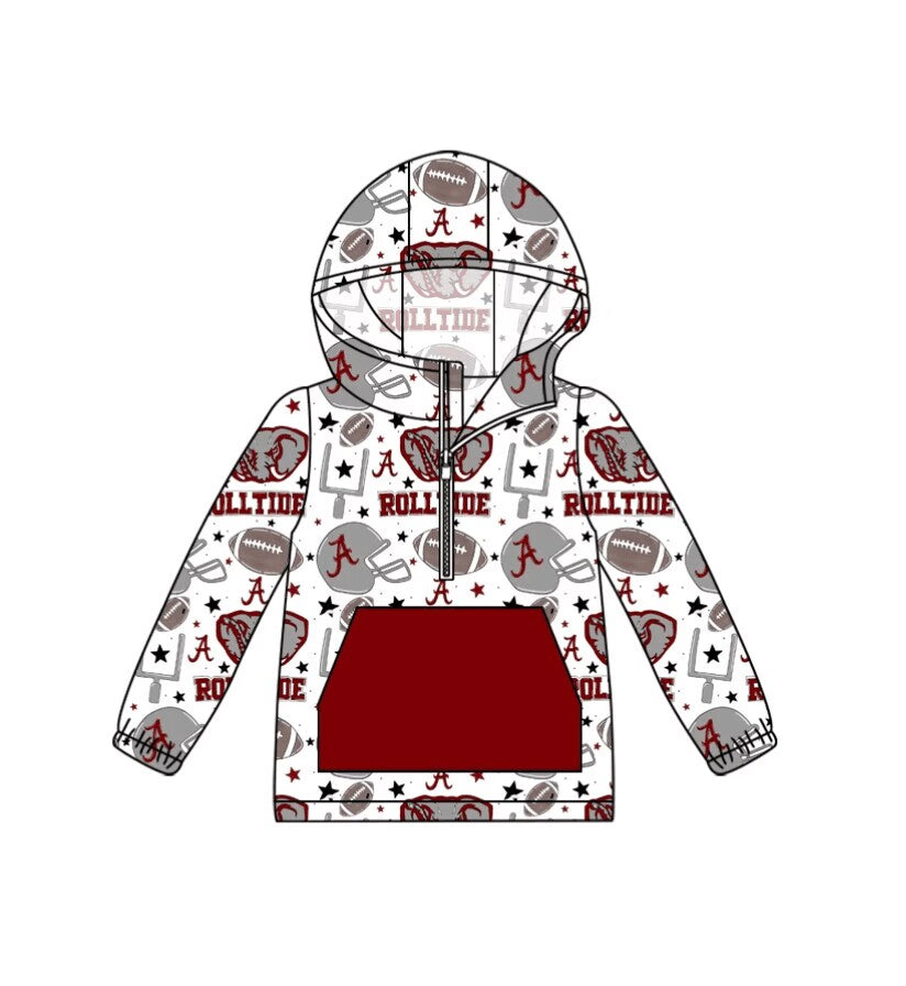 Custom moq 3 eta 6-7weeks team baby boys clothes ROLLTIDE A brick red hooded long sleeve top