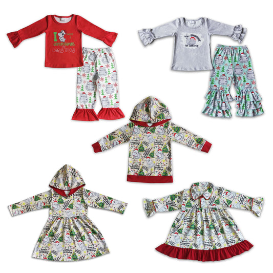 RTS NO MOQ  Christmas Hippo Pattern Long Sleeve Suit & Top & Dress
