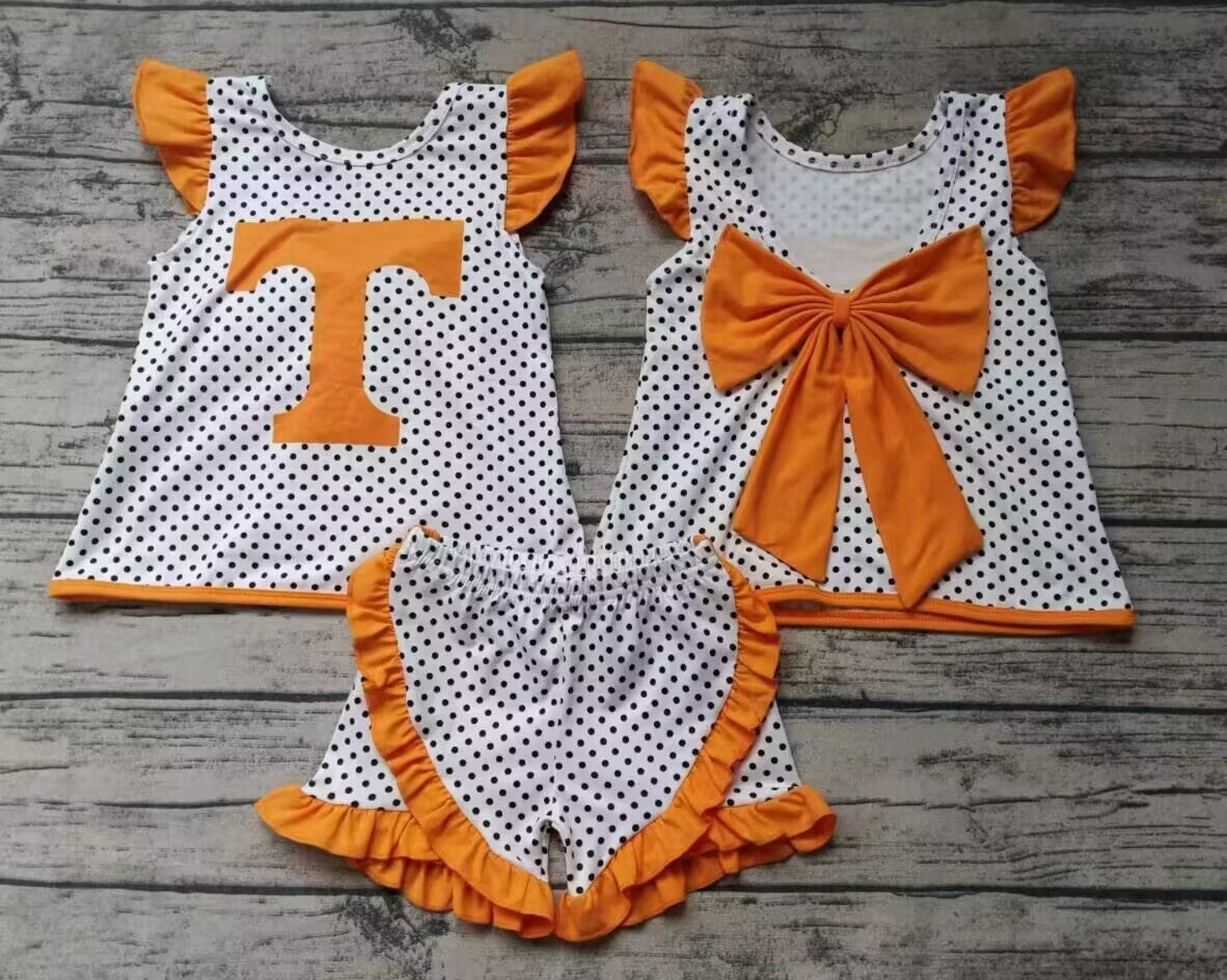 custom moq 3 eta 6-7weeks Letter T Pattern-Black and White Polka Dot Orange Fly Sleeve Shorts Set