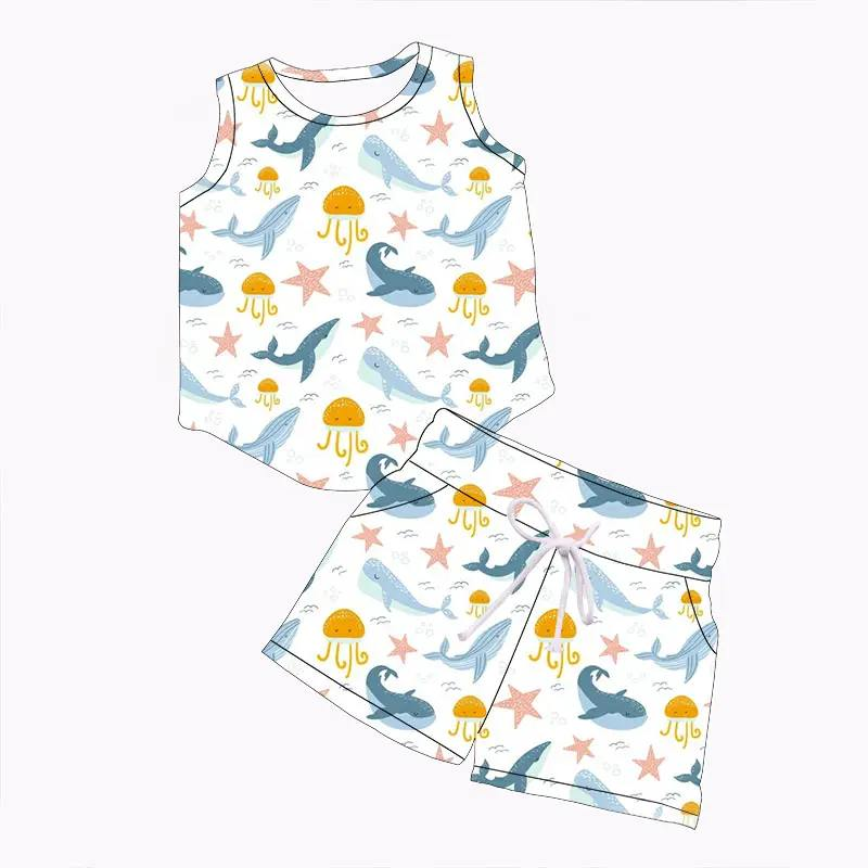 Custom summer baby girls and boy clothes sleevekess shorts set