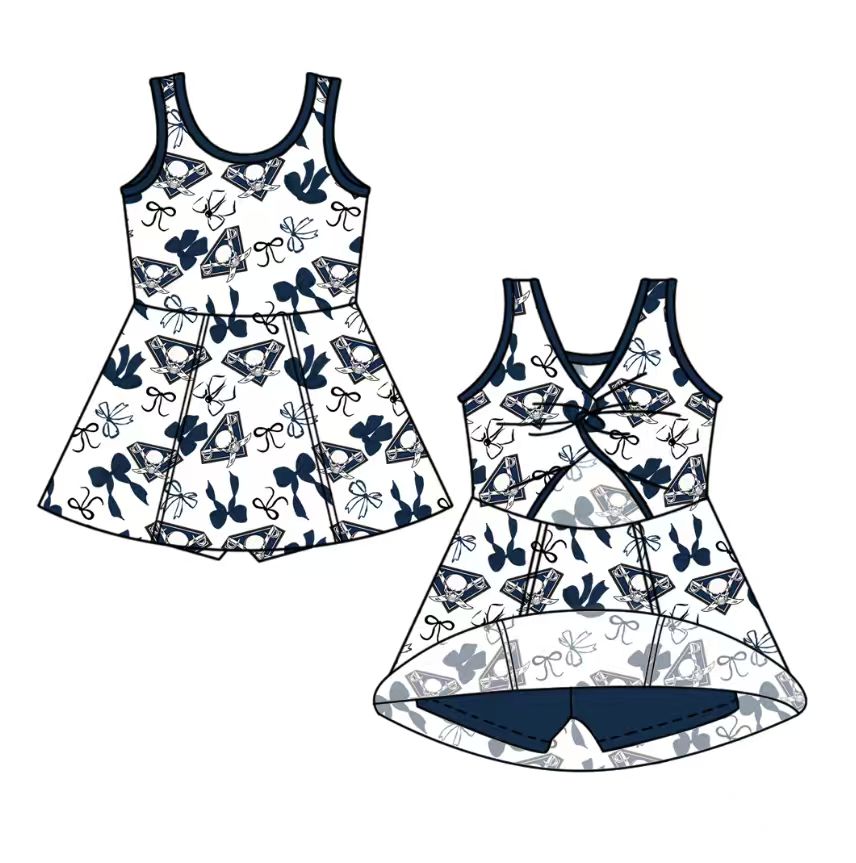 custom moq 5 mix size NB020624 Baby Girls Bow Printed Team Sleeveless Knee Skort Dresses Yoga Active Outfits