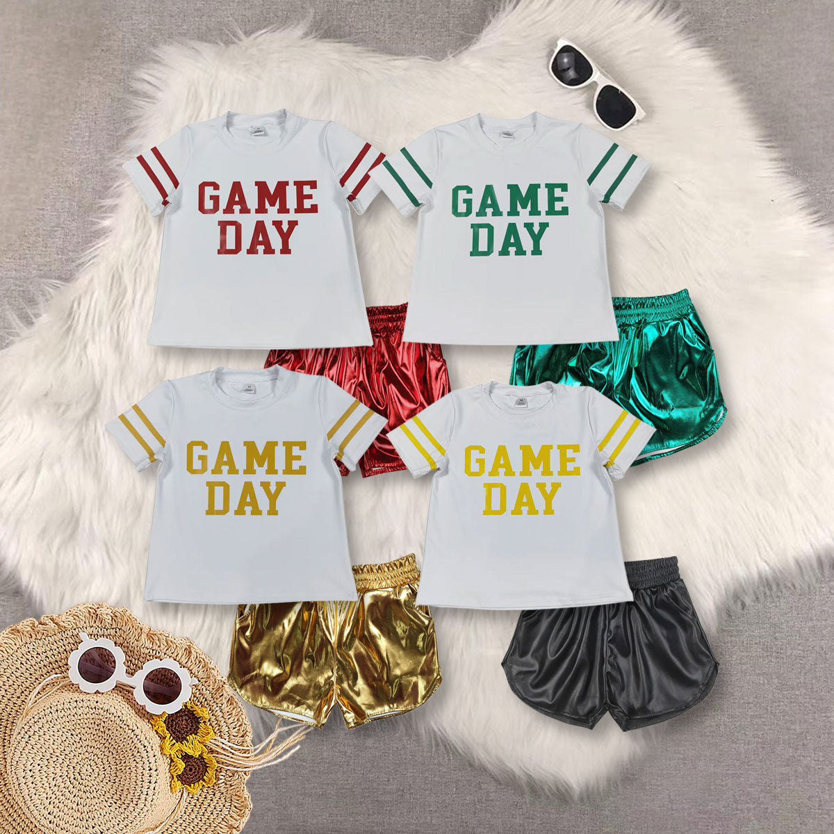 RTS NO MOQ Sibling baby girls clothes Game Day White short-sleeved yoga top sets
