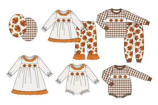 Custom moq 5 each style eta 6-7weeks baby girl clothes fall turkey long sleeve pants set 2 and rompers 2 and dress-25.7.29