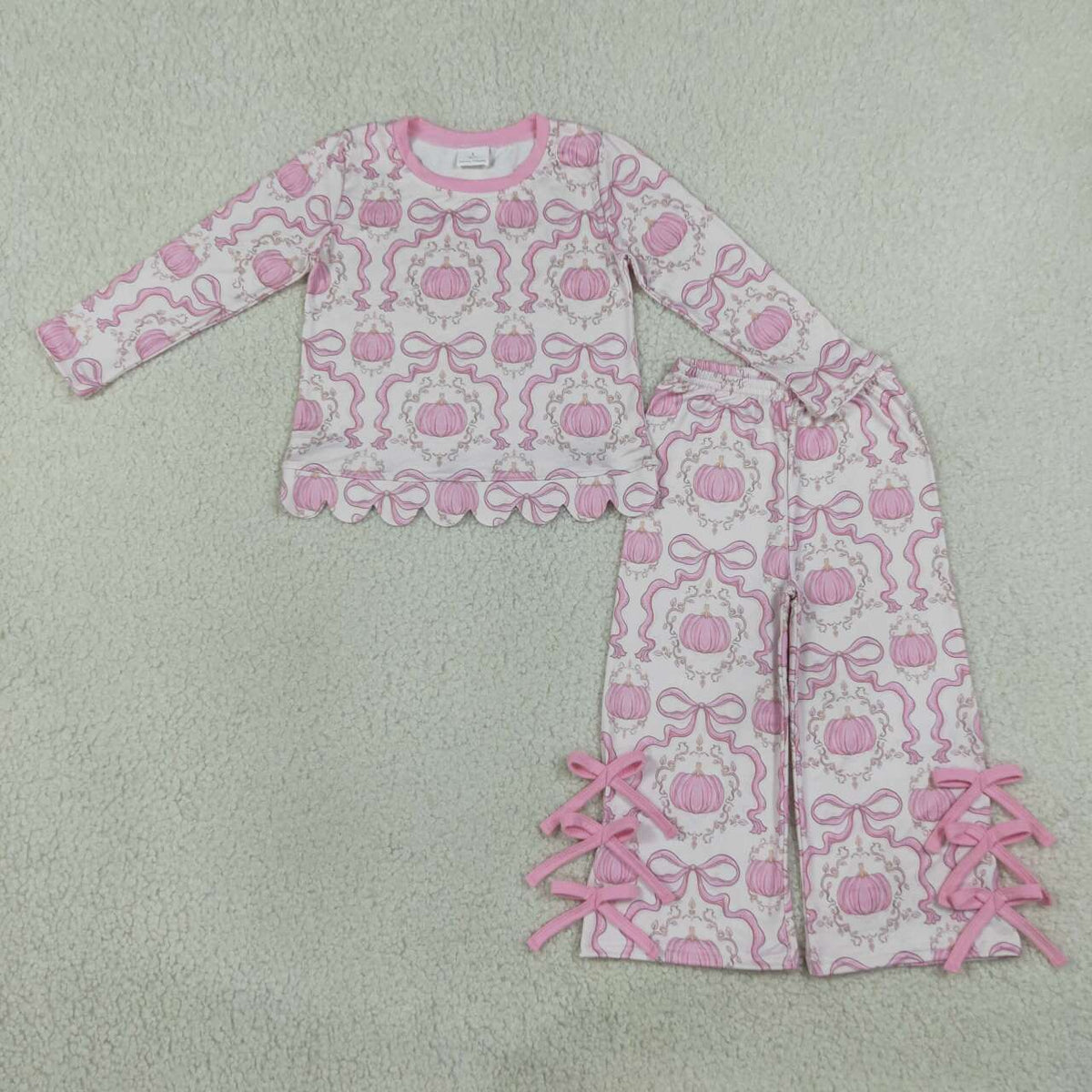 NEW RTS NO MOQ milk silk GLP3437 Baby Girls Bows Pumpkins Checked Scallop Top Bows Pants Set
