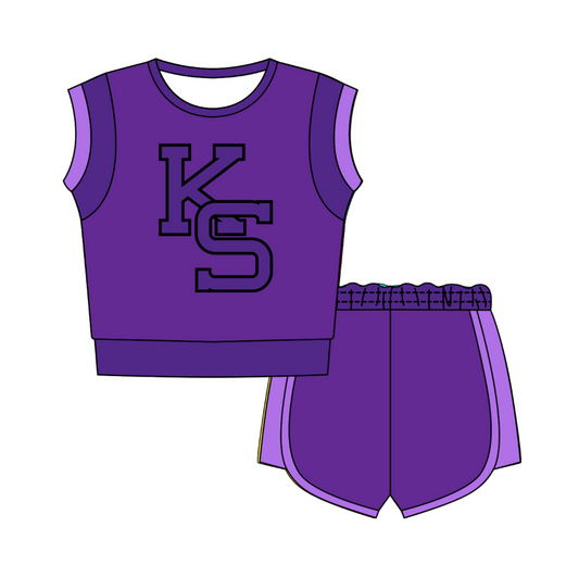 Custom moq 5 mix size milk silk summer teams Purple Sleeveless O-Neck Top And Shorts Set Cute And Comfortable Kids' Outfit