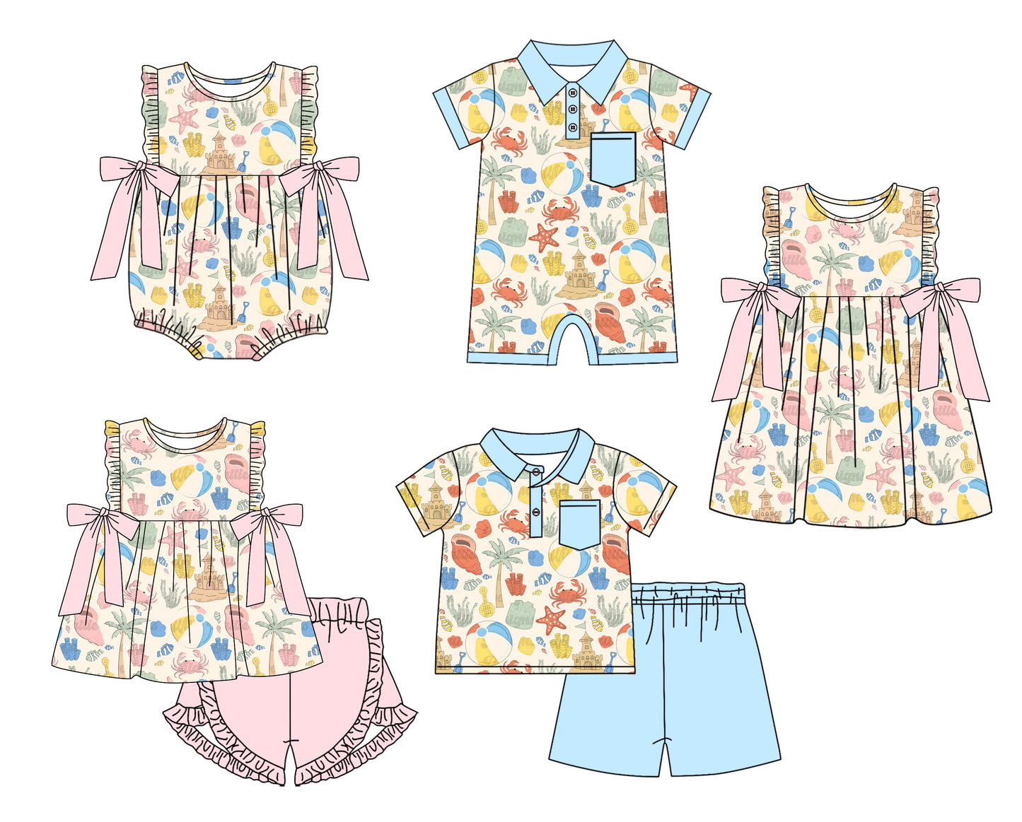 4.1 custom each style moq 5eta 4-6week Sibling Sister lobster castle baby girl short sleeve shorts sets and sets 2 and boy romper and girl romper and dress match design