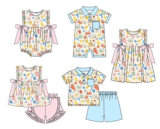 4.1 custom each style moq 5eta 4-6week Sibling Sister lobster castle baby girl short sleeve shorts sets and sets 2 and boy romper and girl romper and dress match design