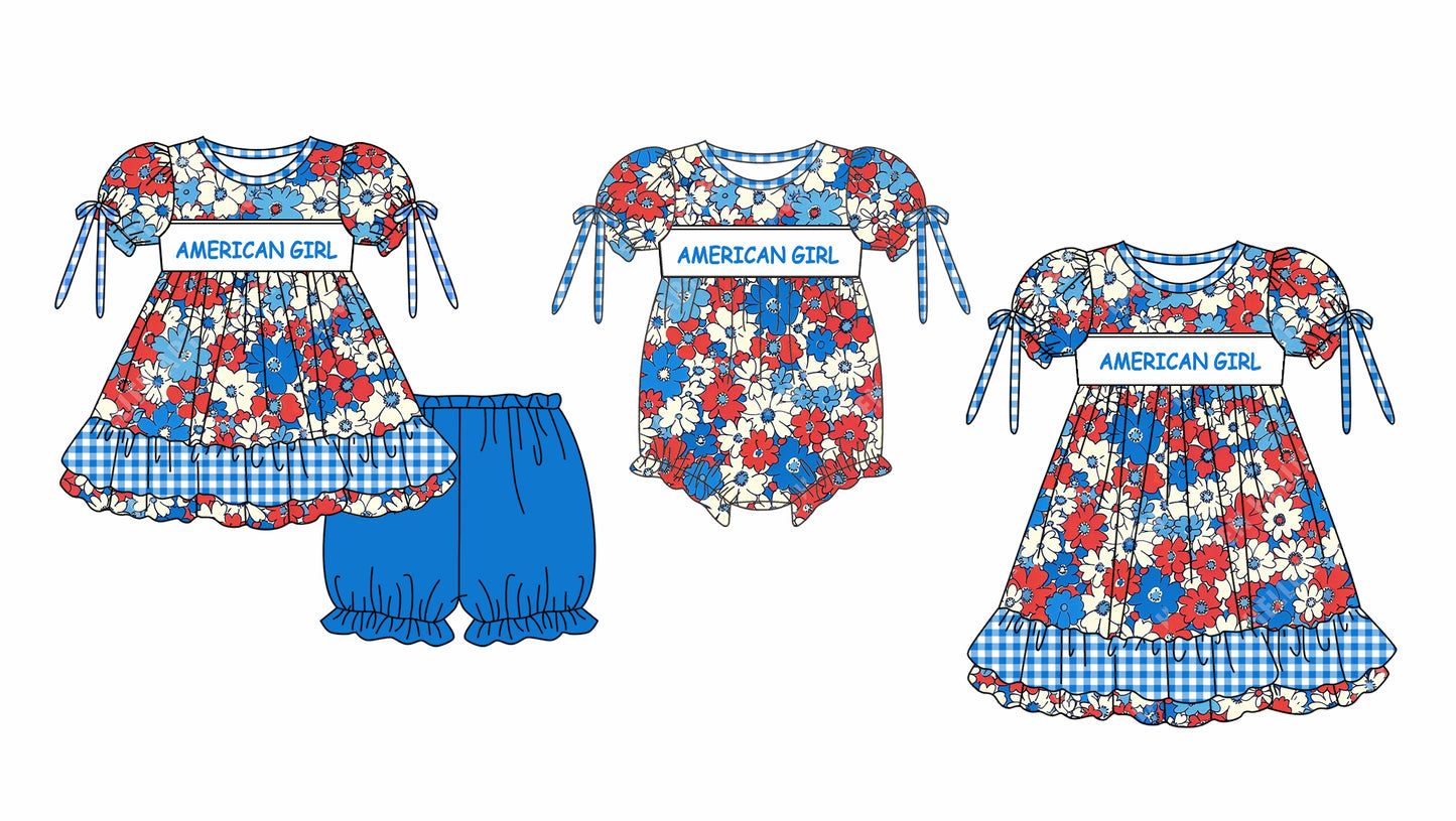 11.25 custom each style moq 5eta 4-6week Sibling Sister 4th of july AMERICA GIRL floral baby girl short sleeve shorts sets and dress and rompers match family design