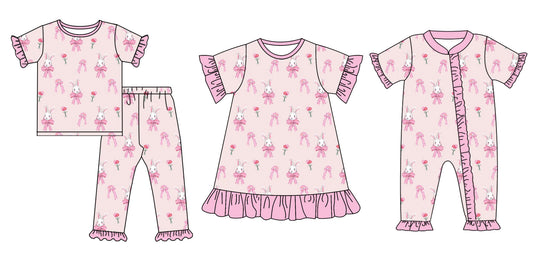 25.9.4 custom each style moq 5eta 4-6week Sibling Sisters rabbit bow pink baby girl short sleeve pants sets and dress and rompers match family design