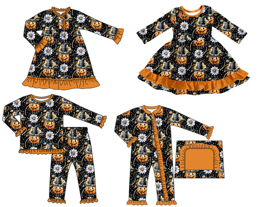 25.7.4 custom each style moq 5 eta 4-6week Sibling Sisters halloween baby girl long sleeve pants sets and romper and dress 1 and dress 2 match family design