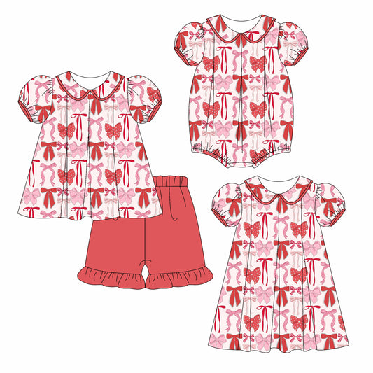 3.24 custom each style moq 5eta 4-6week Sibling Sisters bow baby girl short sleeve shorts sets and dress and rompers match family design