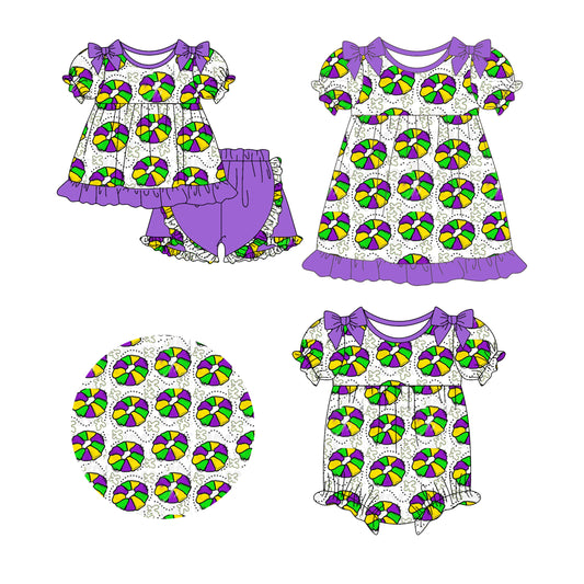 25.10.20 custom each style moq 5 eta 6-8week Sibling Sister mardi gras baby short sleeve shorts sets and romper and dress match design