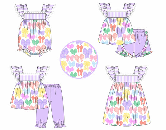 4.4 custom each style moq 5eta 4-6week Sibling Sisters bow baby girl short sleeve pants sets and shorts sets and dress and rompers match family design