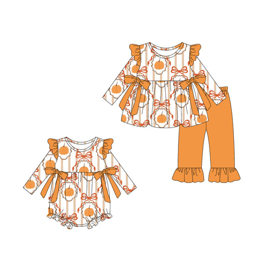 25.6.2 custom each style moq 5eta 4-6week Sibling Sisters pumpkin bow orange baby girl long sleeve pants sets and rompers match family design
