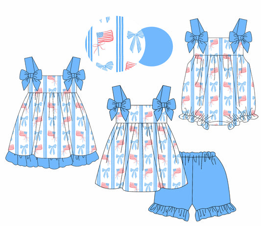 3.31 custom each style moq 5eta 4-6week Sibling Sisters flag bow baby girl short sleeve shorts sets and dress and rompers match family design