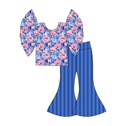 10.17 custom each style moq 5eta 4-6week baby girls clothes blue floral striped short sleeve pants sets