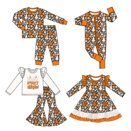 25.7.7 custom each style moq 5 eta 4-6week Sibling Sisters spooky baby girl long sleeve pants sets 1 and sets 2 and romper and dress match family design