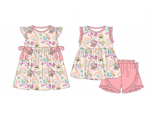 4.7 custom each style moq 5eta 4-6week Sibling Sister back to school baby girl short sleeve shorts sets and dresses match design